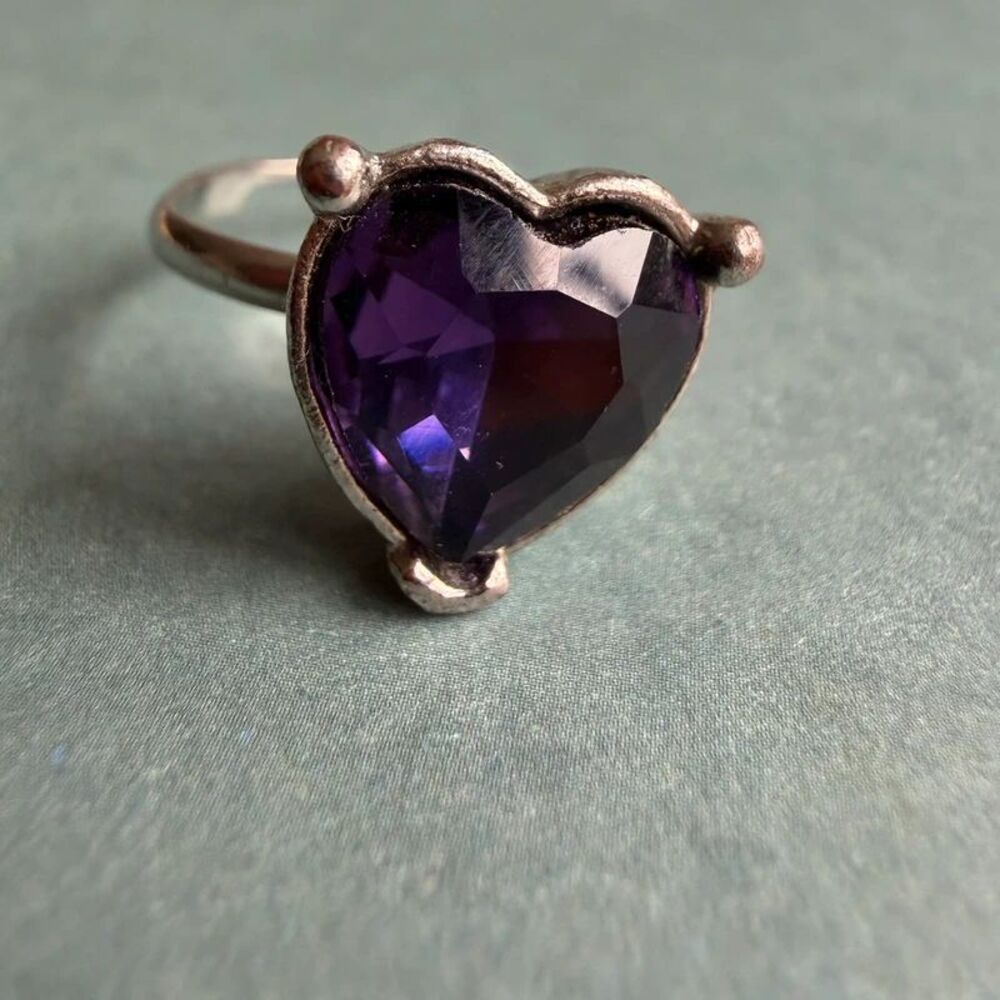 Vintage Style Purple Heart Cocktail Ring – Y2K Amethyst Glass Adjustable Ring